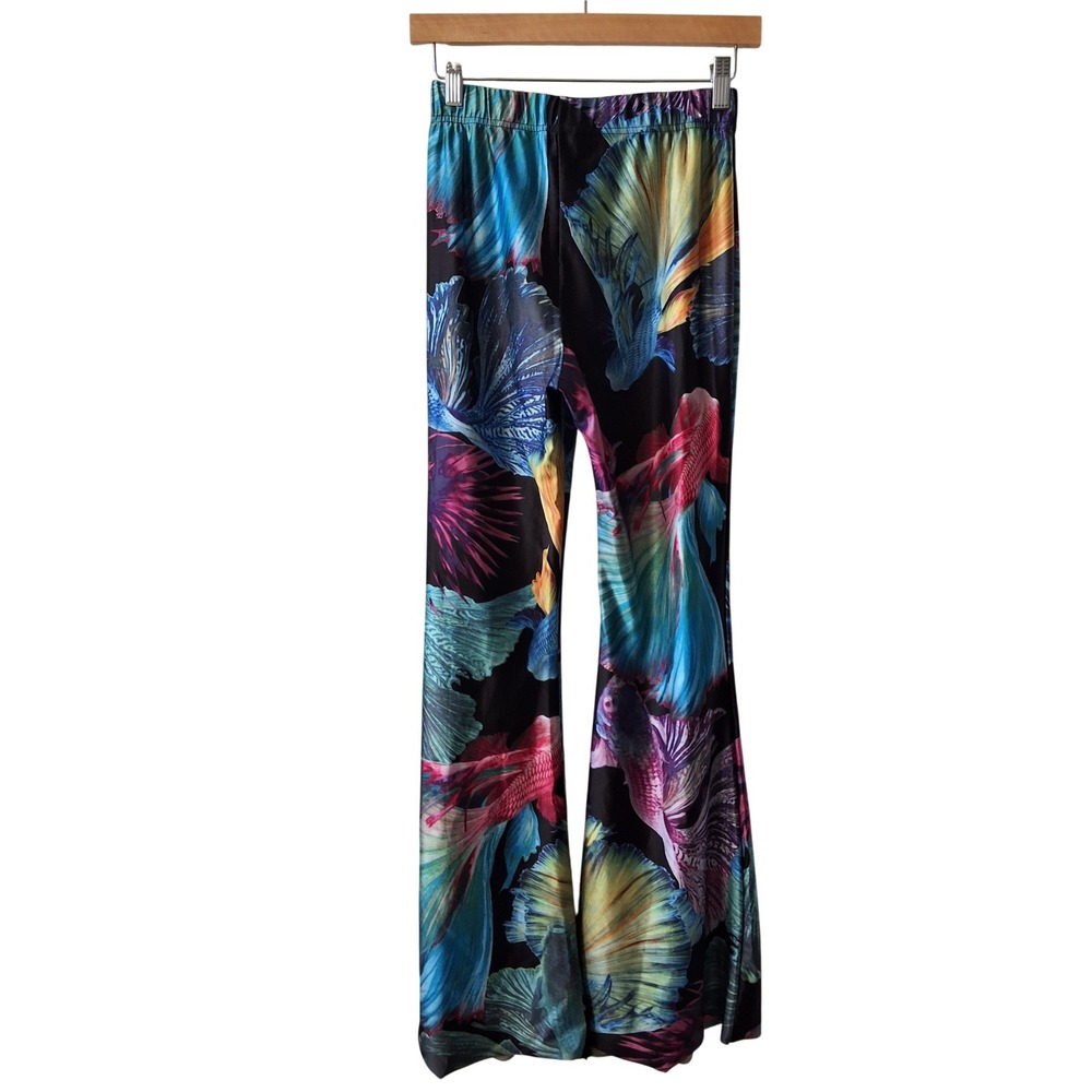 Beta Fish Print Women Bell Bottom Leggings Neon Festival Raver EDM Unique Rare - Picture 3 of 5